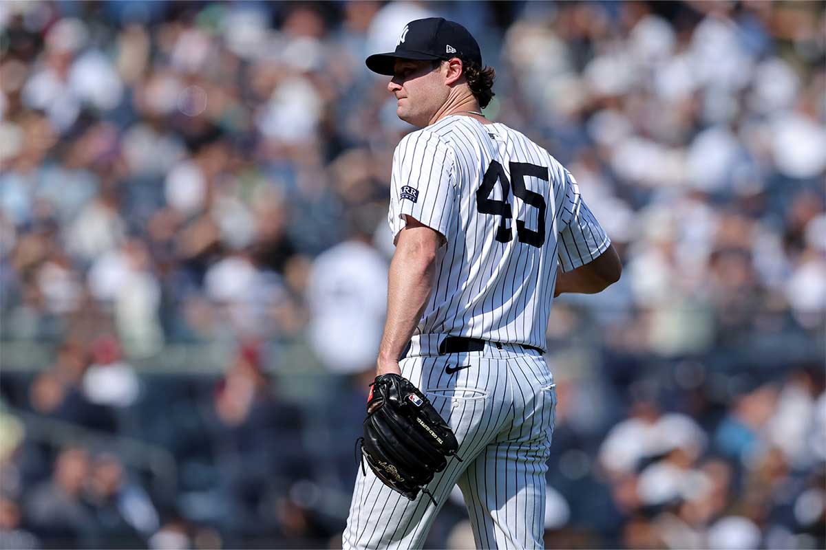 New York Yankees starting pitcher Gerrit Cole (45) reacts during the fifth inning against the Boston Red Sox at Yankee Stadium.