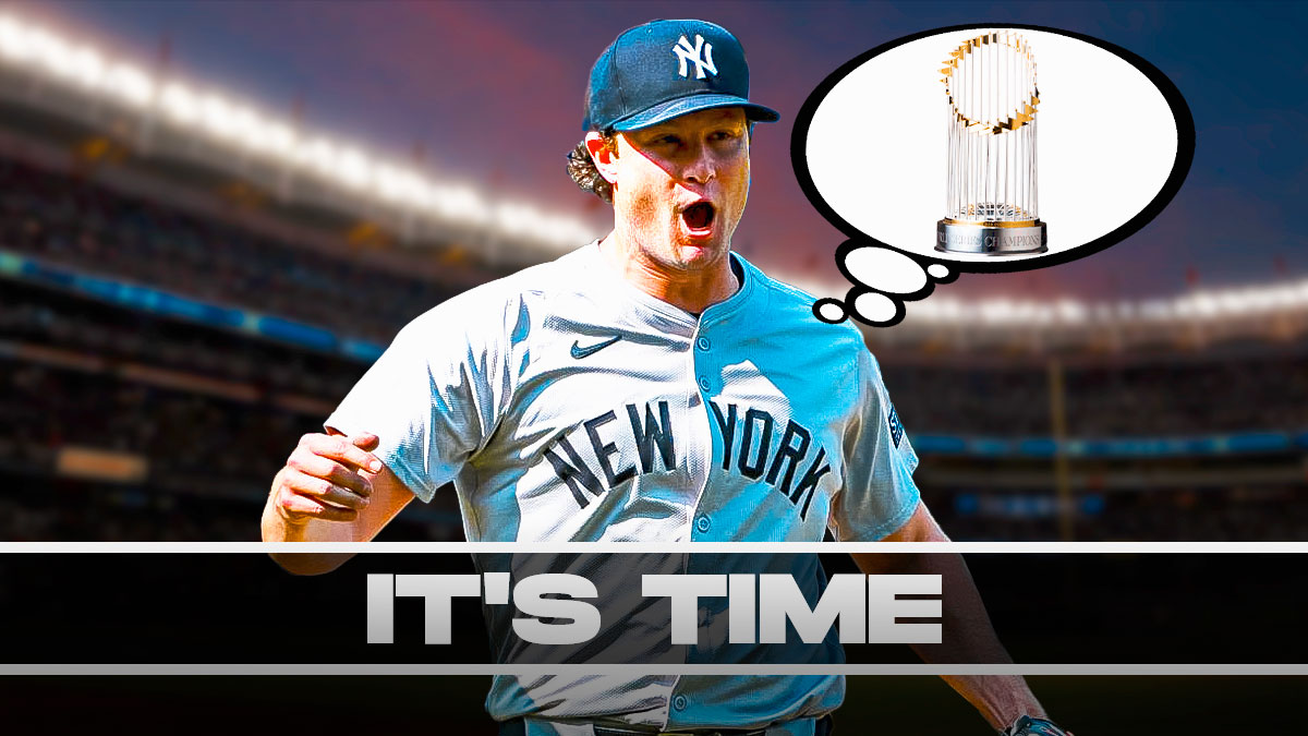 Yankees' Gerrit Cole hyped up, with World Series title thought bubble on him, caption below: IT'S TIME