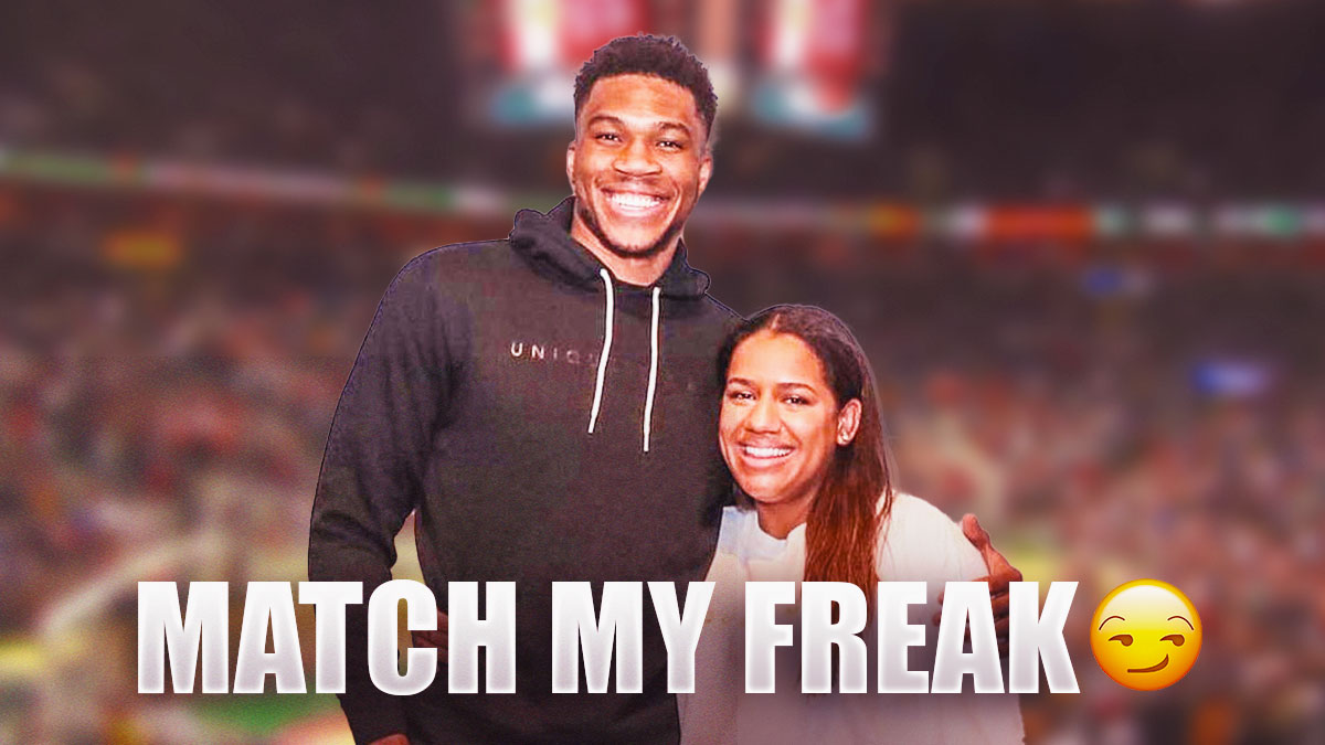 Bucks' Giannis Antetokounmpo smiling with his wife Mariah, with caption below: "MATCH MY FREAK 😏"