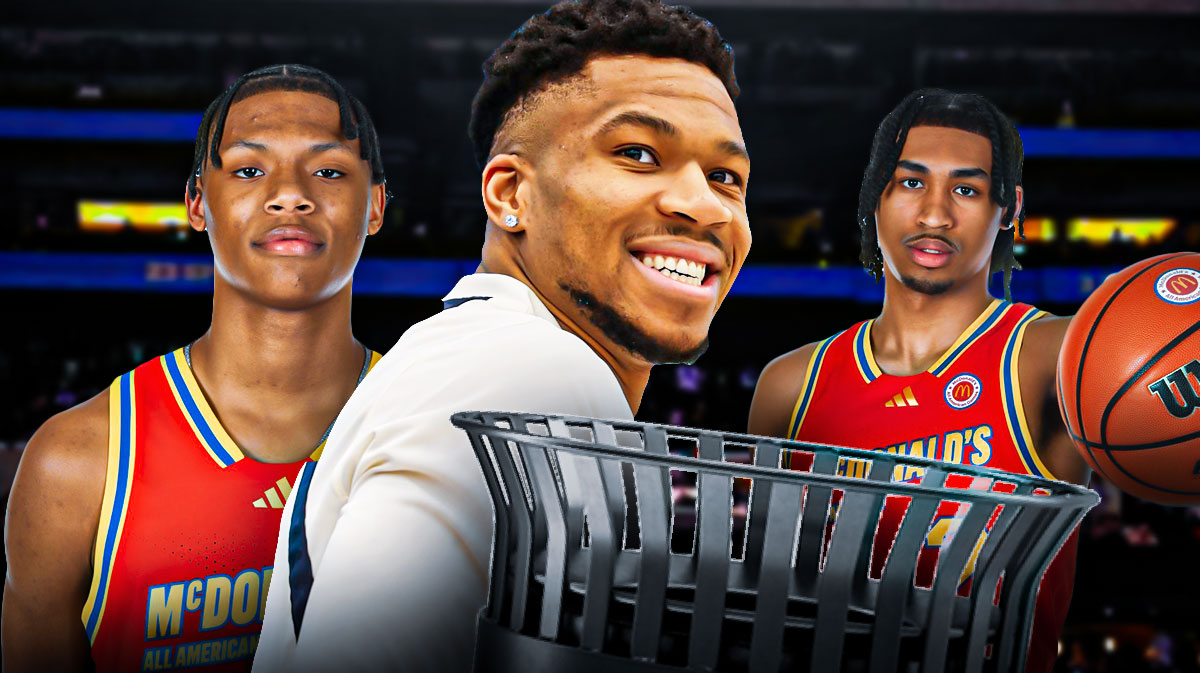 Bucks superstar Giannis Antetokounmpo smiling next to an open trash can making noise next to Rutgers forward Ace Bailey & Rutgers guard Dylan Harper