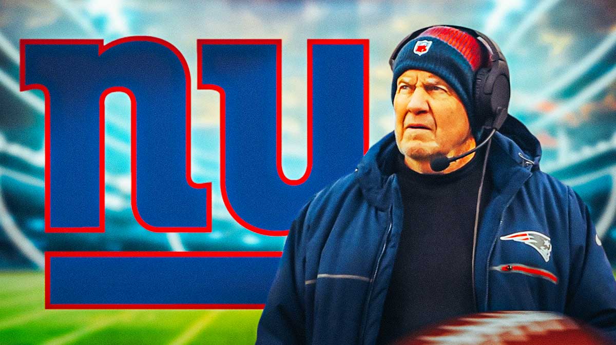 Bill Belichick next to a Giants logo.