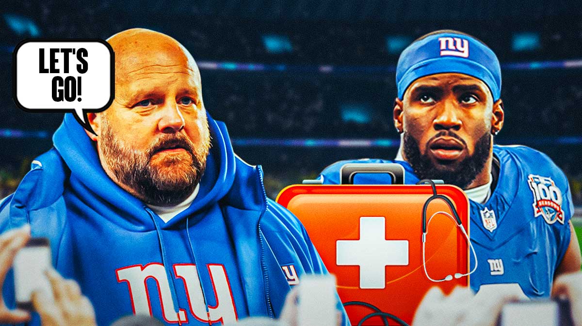 Brian Burns on one side with an injury kit in front of him, Brian Daboll on the other side with a speech bubble that says "Let's go!"
