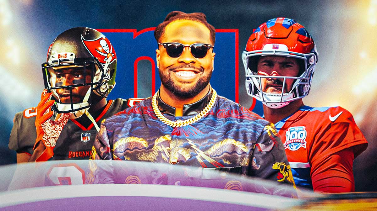 Former Tampa Bay Buccaneers defensive tackle Gerald McCoy with former NFL running back LeSean McCoy and New York Giants QB Daniel Jones. There is also a logo for the New York Giants.