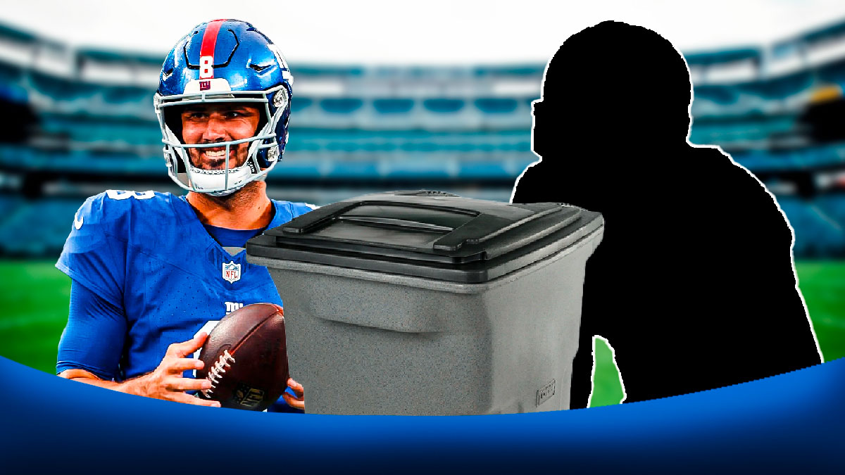 New York Giants quarterback Daniel Jones with All-Pro cornerback Janoris Jenkins as silhouette with trash can with MetLife Stadium background.