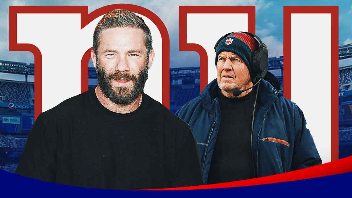 Julian Edelman and Bill Belichick with Giants logo and stadium.