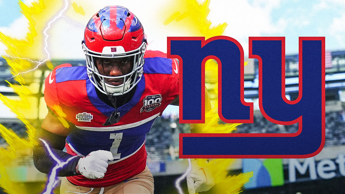 Malik Nabers with Super Saiyan aura beside New York Giants logo