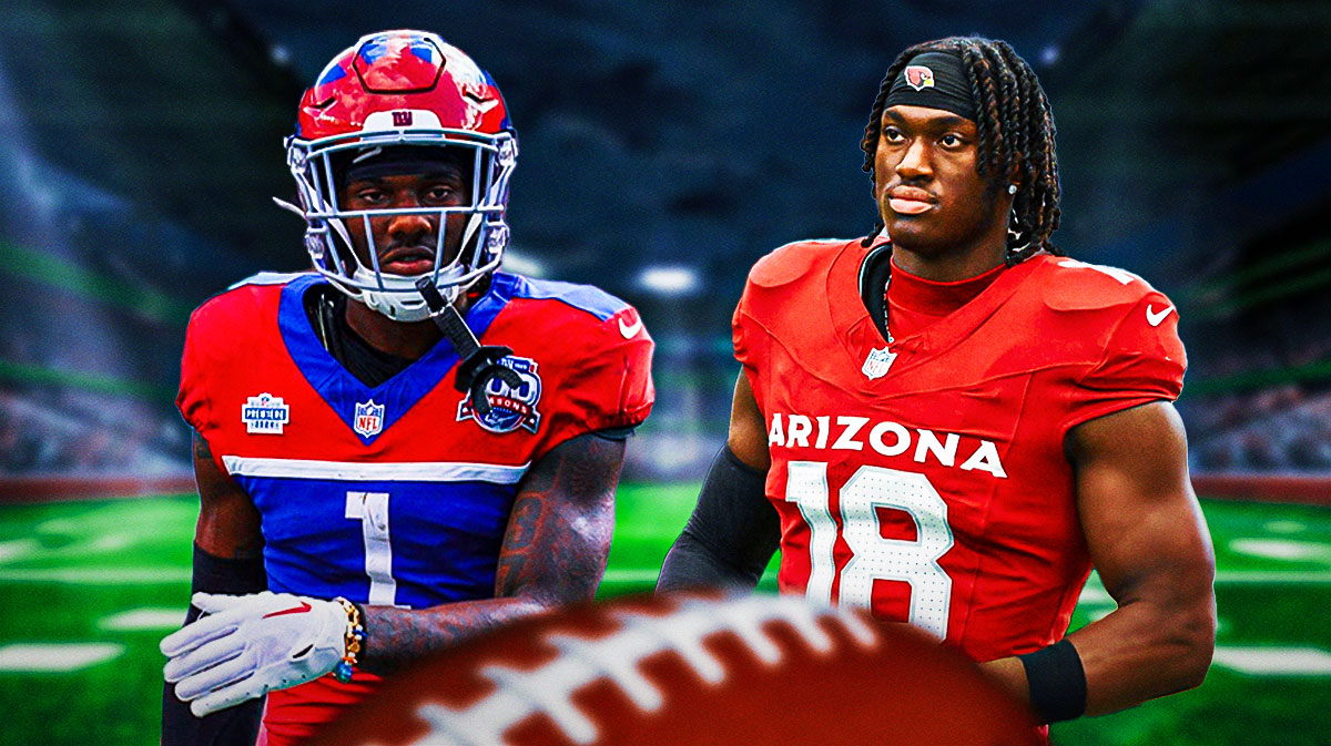 Malik Nabers in a Giants jersey and Marvin Harrison Jr. in a Cardinals jersey.