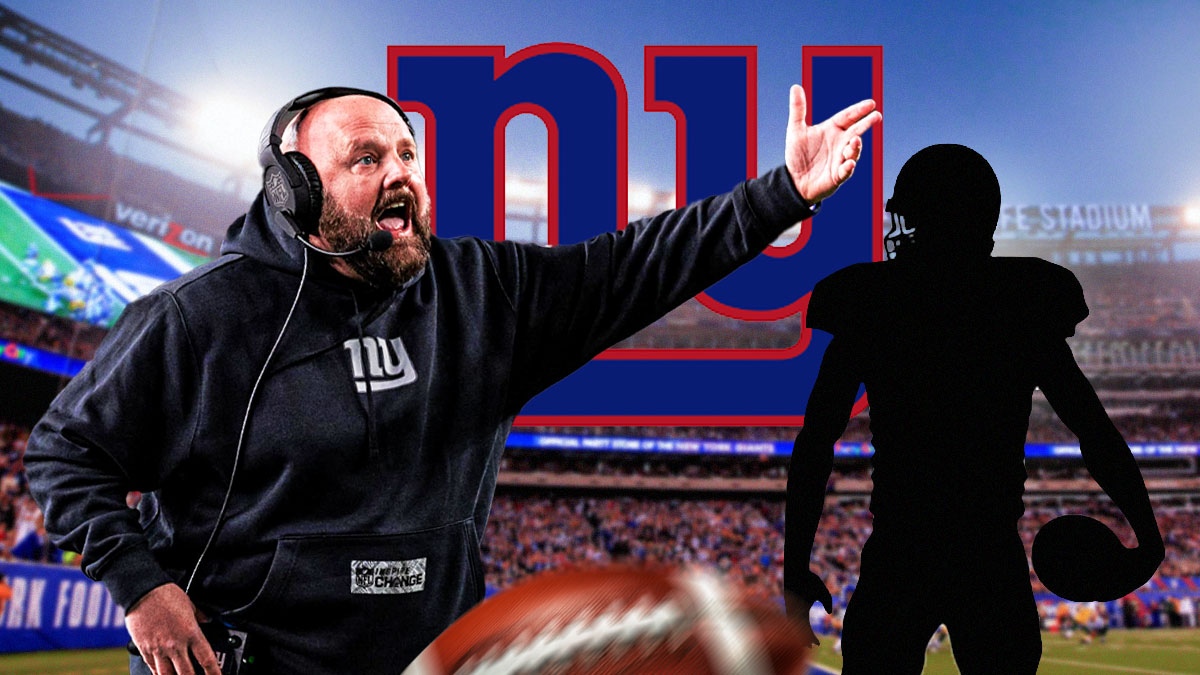 Giants Brian Daboll yelling & blacked out silhouette of player next to a Giants logo
