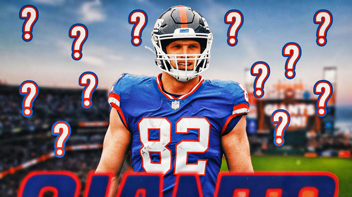 Daniel Bellinger with question marks surrounding him featuring a Giants themed bg.