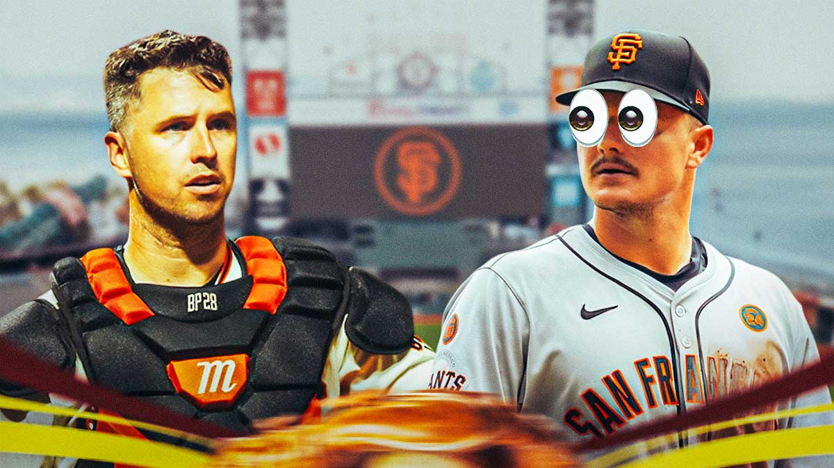 Buster Posey on one side, Matt Chapman on the other side with the big eyes emoji over his face