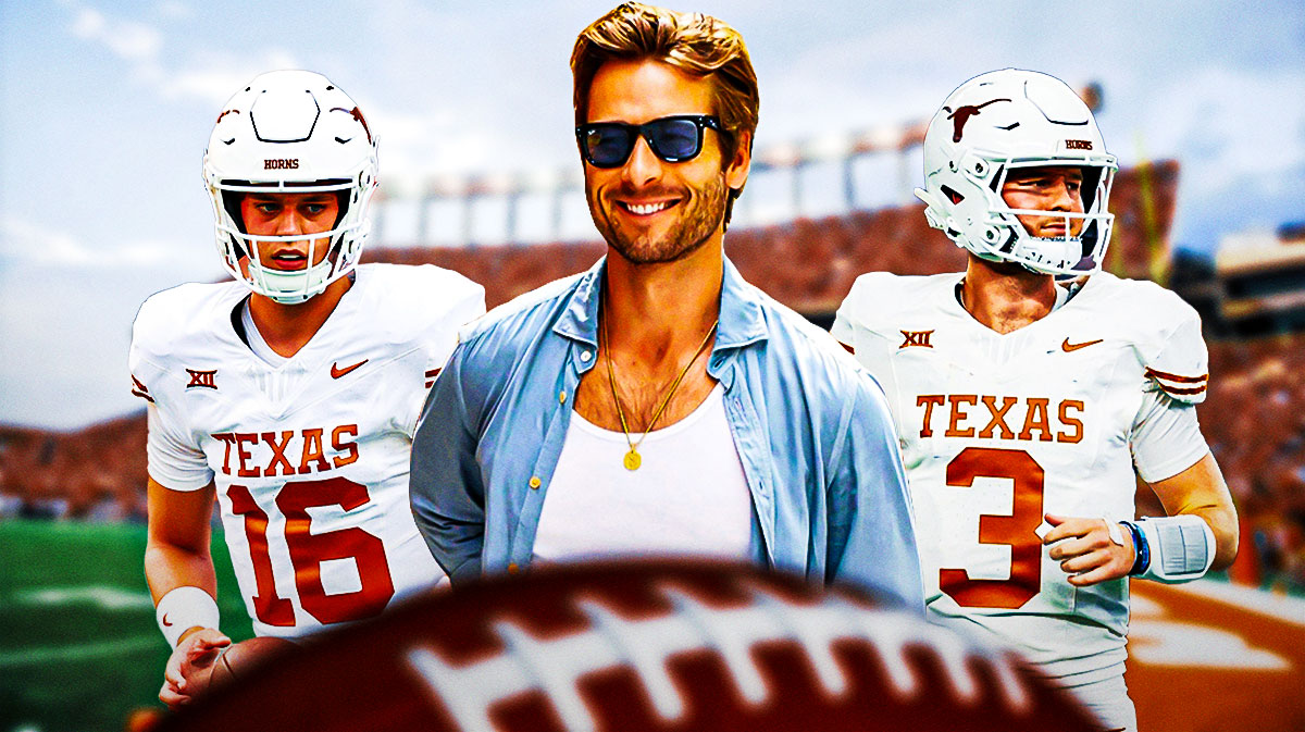 Glen Powell with Texas quarterbacks Quinn Ewers and Arch Manning with Darrell K Royal Memorial Stadium background.