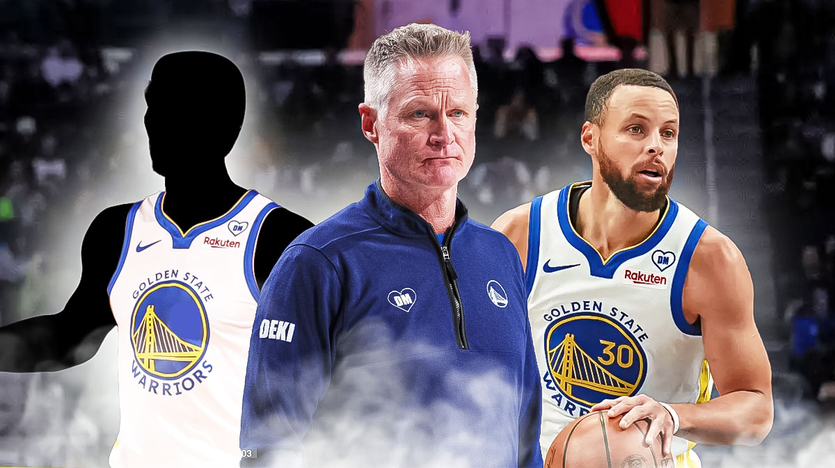 Warriors' Stephen Curry and Steve Kerr next to blacked out player