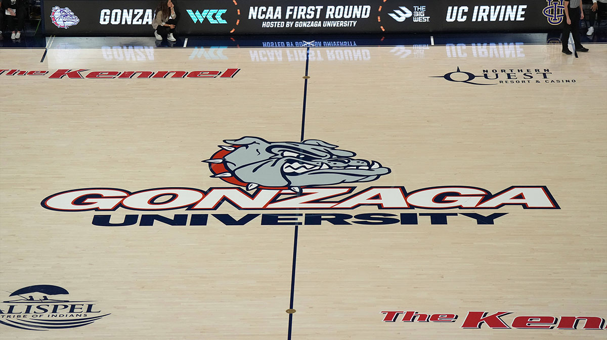 Mar 23, 2024; Spokane, Washington, USA; The Gonzaga Bulldogs logo at center court at McCarthey Athletic Center