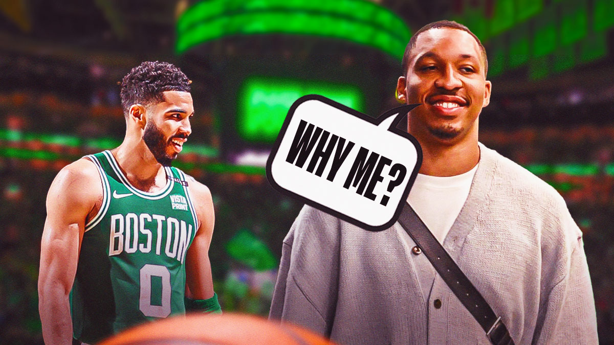 Grant Williams with speech bubble saying "Why me?" while Jayson Tatum laughs in the background