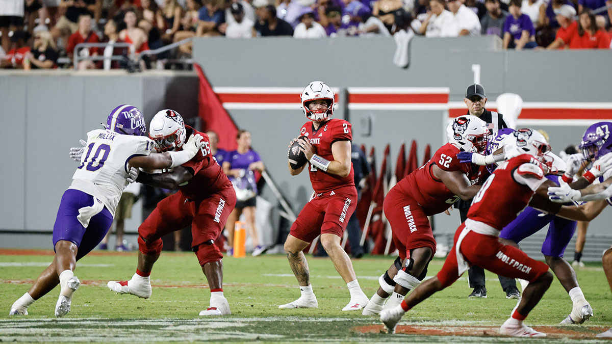 North Carolina State Wolfpack quarterback Grayson McCall (2) prepares to throw the football during the second half of the game against Western Carolina Catamounts at Carter-Finley Stadium.