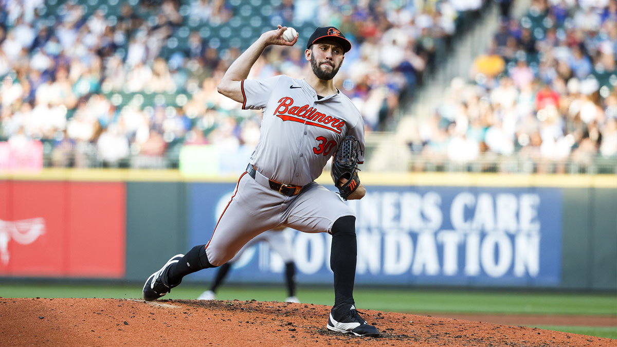 Jul 2, 2024; Seattle, Washington, USA; Baltimore Orioles starting pitcher Grayson Rodriguez (30) throws against the Seattle Mariners during the fifth inning at T-Mobile Park.
