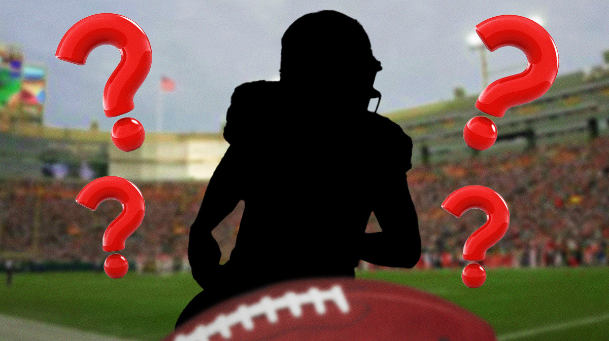 Silhouette of Sean Clifford in action with question marks all around with a Green Bay Packers background