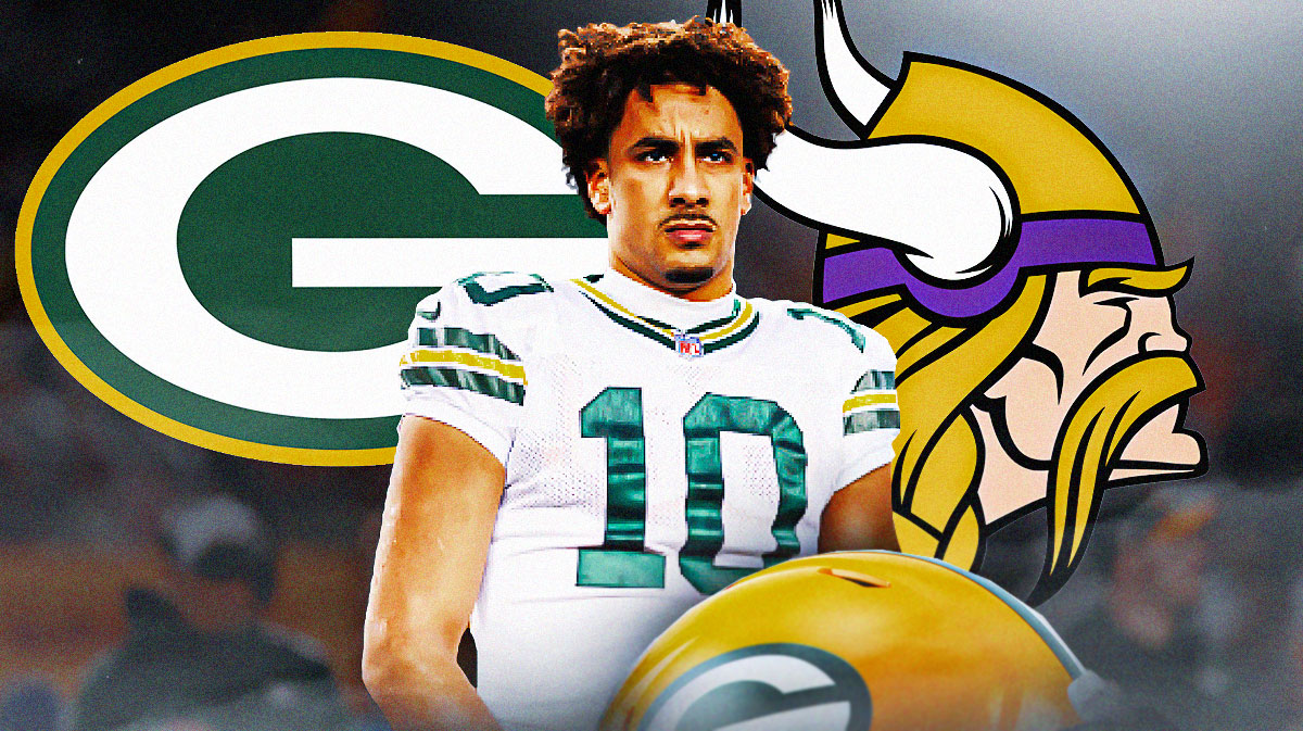 Green Bay Packers quarterback Jordan Love with the Packers and Minnesota Vikings logos