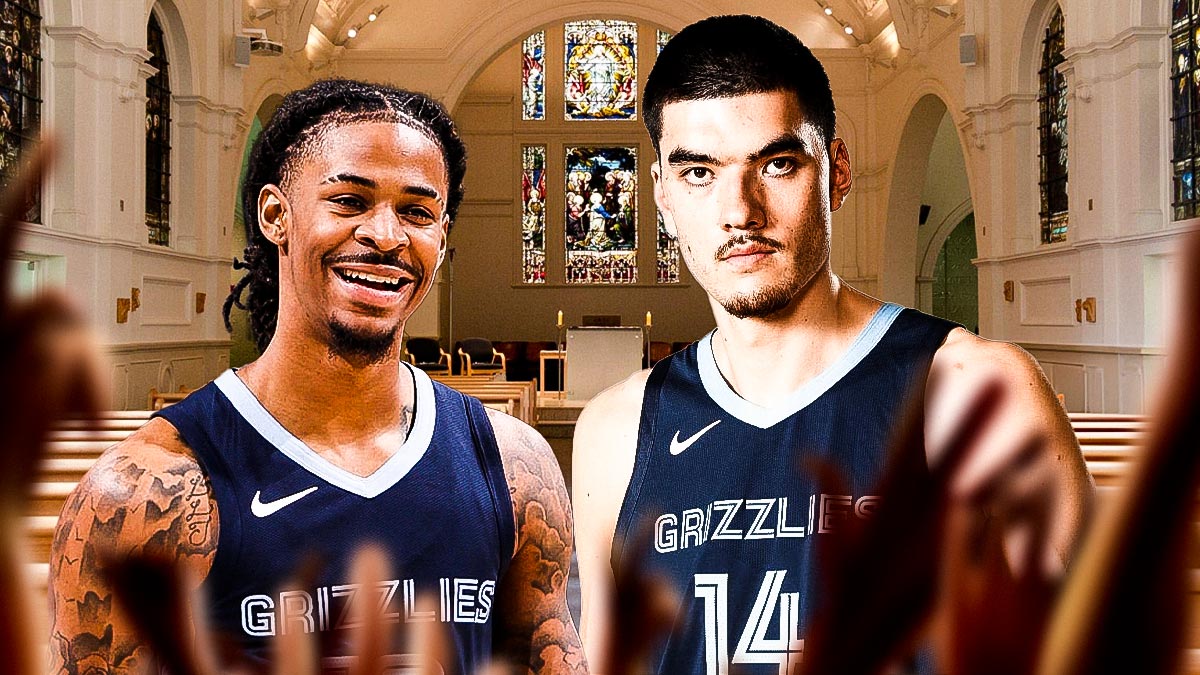 Ja Morant and Zach Edey in front of a church.