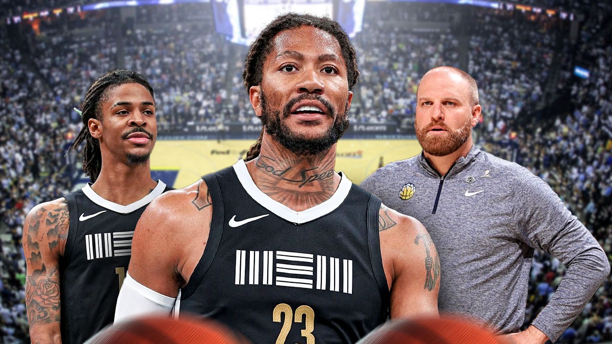 Grizzlies' Derrick Rose next to Ja Morant and Taylor Jenkins