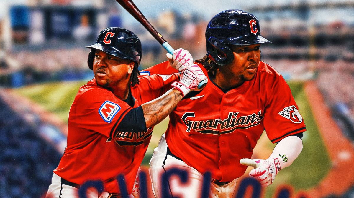 Jose Ramirez batting in a Cleveland Guardians uniform and Jose Ramirez running in a Cleveland Guardians uniform as he could reach 40/40 club with 40 home runs and 40 steals record this season for the guardians.