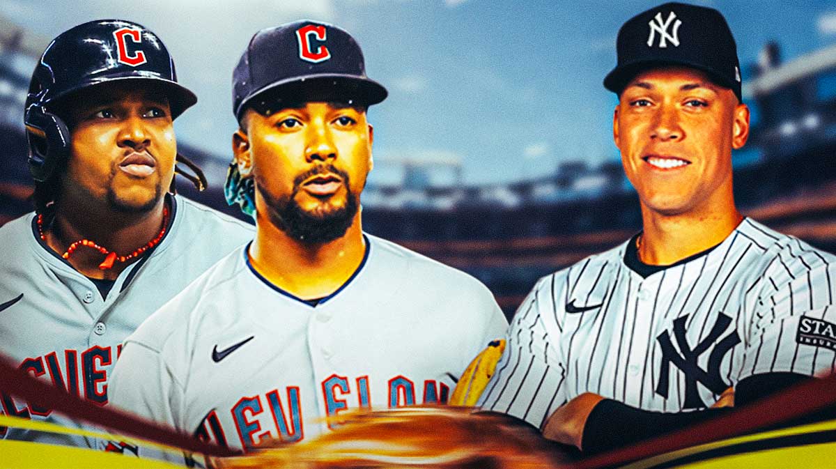 Cleveland Guardians players Jose Ramirez and Emmanuel Clase (no expression on faces) - New York Yankees player Aaron Judge (smiling)