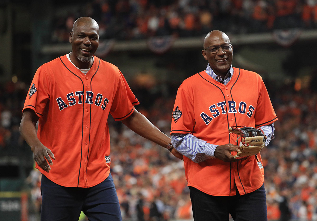Hakeem Olajuwon (left) and Clyde Drexler (right) before game six of the 2019 World Series between the Houston Astros and the Washington Nationals at Minute Maid Park.