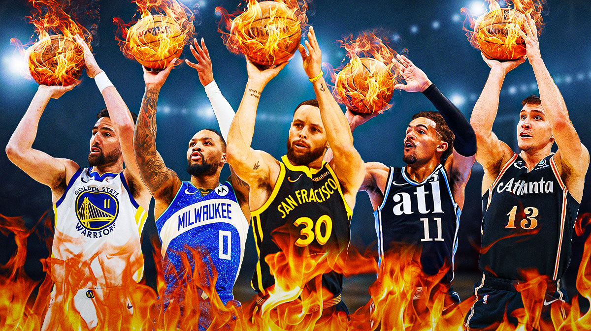 Steph Curry, Damian Lillard, Trae Young, Klay Thompson, and Bogdan Bogdanovic all shooting a basketball on fire.