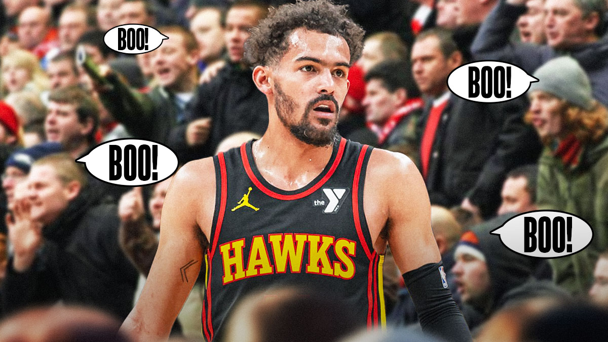 Trae Young with a hostile crowd of speech bubbles saying "Boo" around him