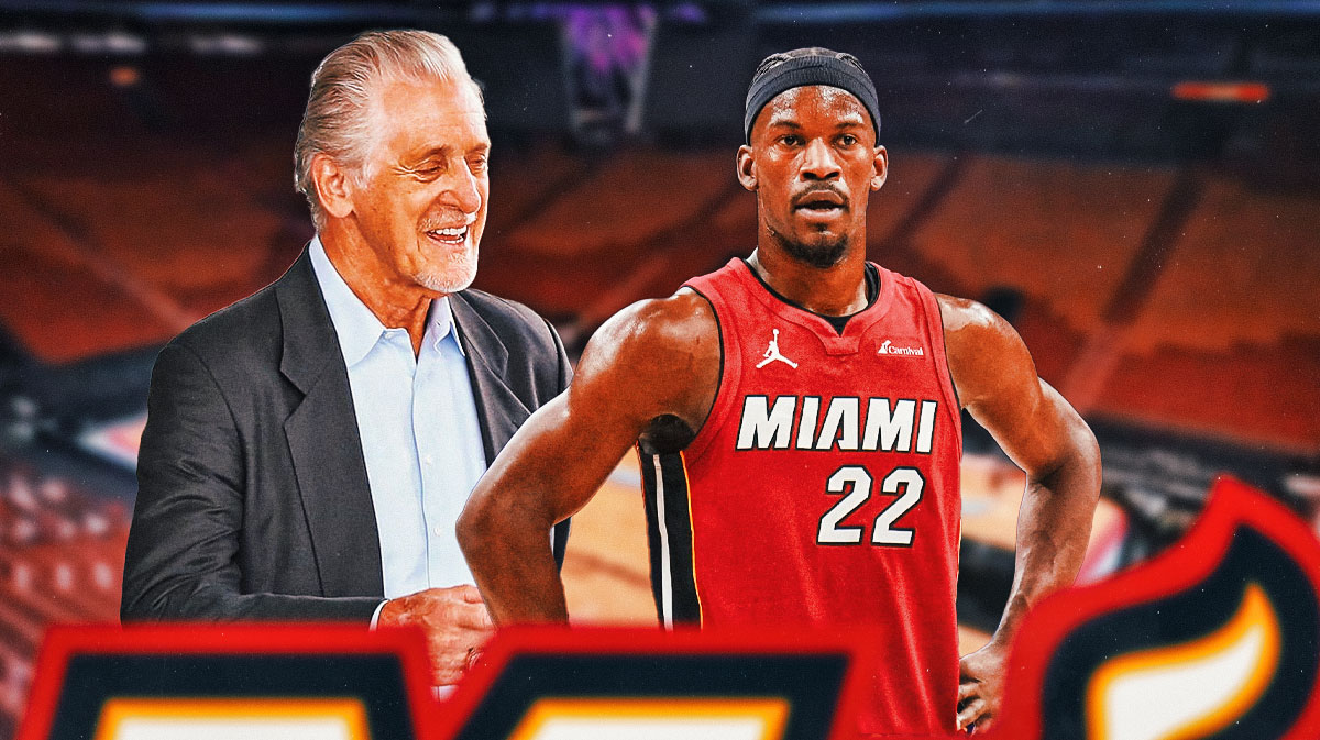 Miami Heat star Jimmy Butler and president Pat Riley in front of Kaseya Center.