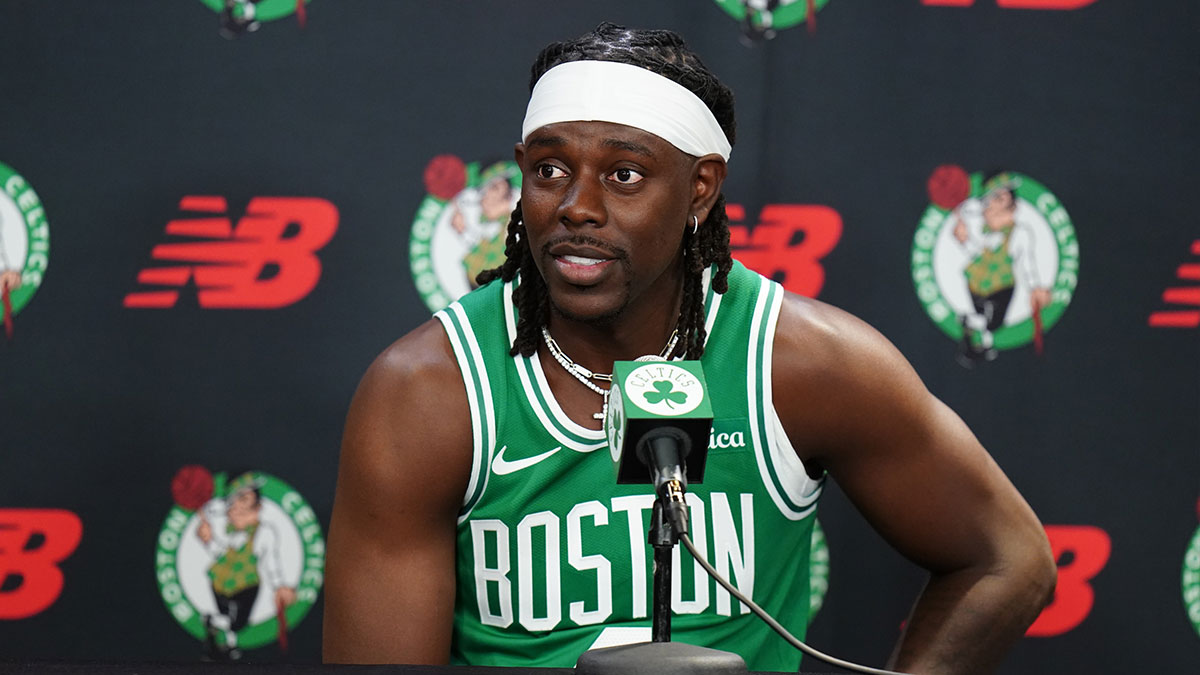 Boston Celtics guard Jrue Holiday (4) talks to reporters during media day at Auerbach Center.