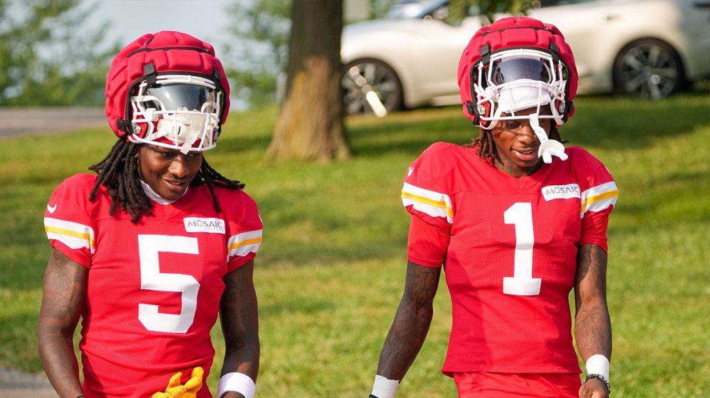 Kansas City Chiefs wide receiver Marquise “Hollywood” Brown (5) and wide receiver Xavier Worthy (1) walk down the hill from the locker room to the fields during training camp at Missouri Western State University. 