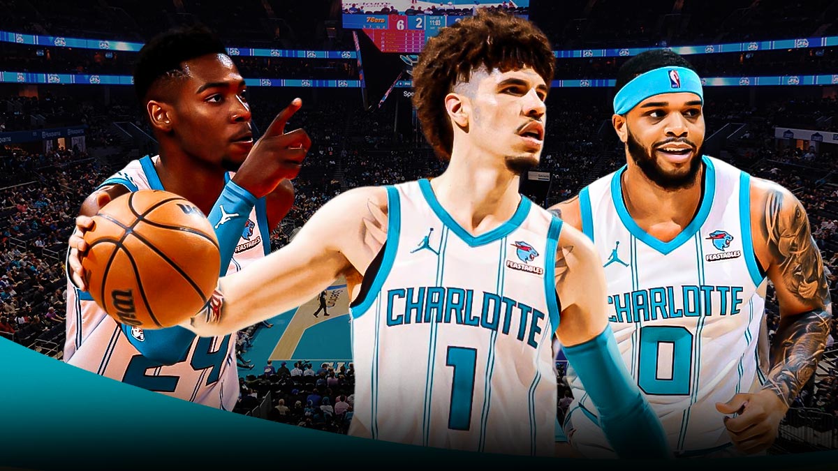 Hornets' Brandon Miller, LaMelo Ball and Miles Bridges with Spectrum Center behind them