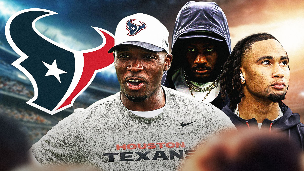 CJ Stroud, DeMeco Ryans as coach, and Stefon Diggs. Texans logo behind them