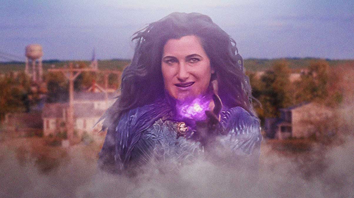 Kathryn Hahn as Agatha Harkness in Agatha All Along with Westview, New Jersey, background from WandaVision ahead of premiere episode.