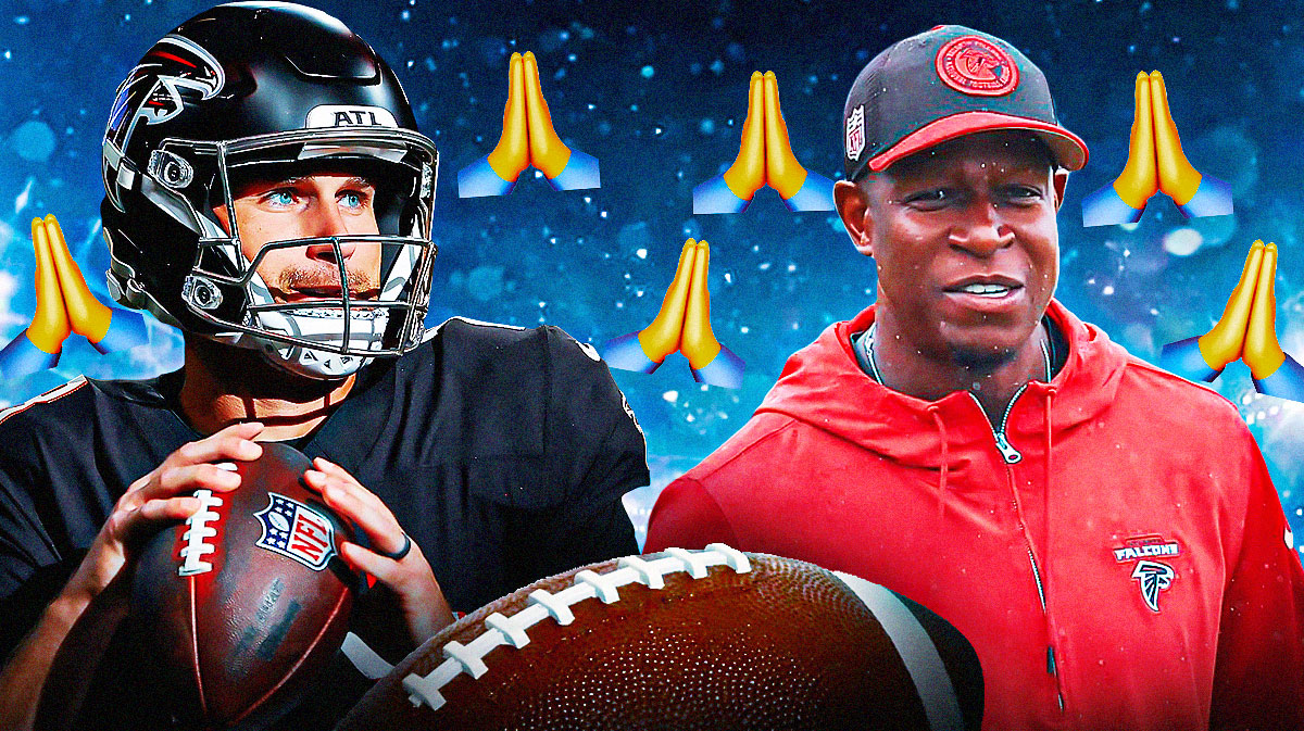 Kirk Cousins and Raheem Morris with a bunch of prayer hands in the background. Falcons 2024 season