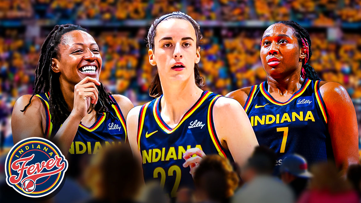 Fever Caitlin Clark, Aliyah Boston and Kelsey Mitchell looking excited/amped up. Include a Fever logo in the image. Have the background be Gainbridge Fieldhouse and include fans cheering