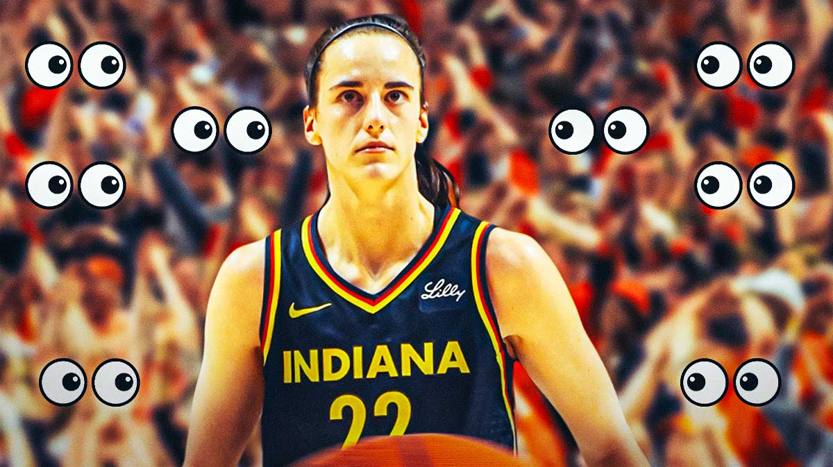 Caitlin Clark on one side, a bunch of Indiana Fever fans on the other side with the big eyes emoji over their faces