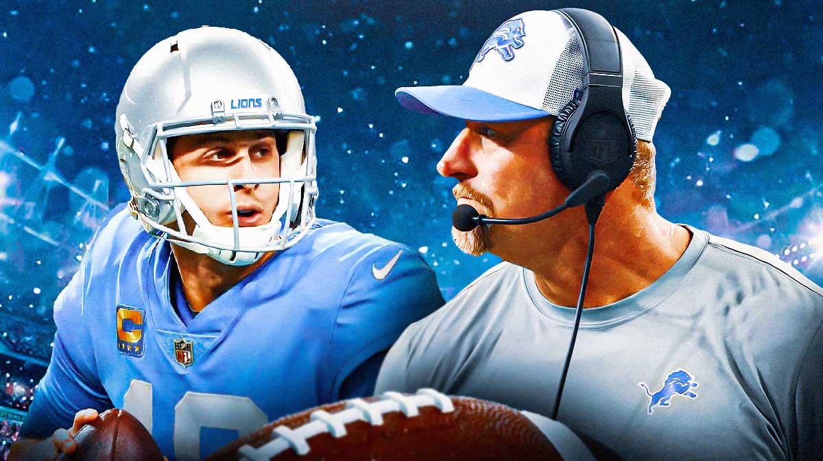 Detroit Lions head coach Dan Campbell and Jared Goff in front of Ford Field.