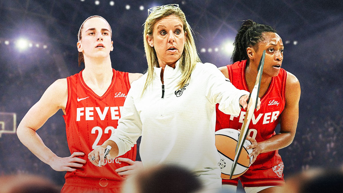 Caitlin Clark and Kelsey Mitchell on either side, with head coach Christie Sides in the middle coaching