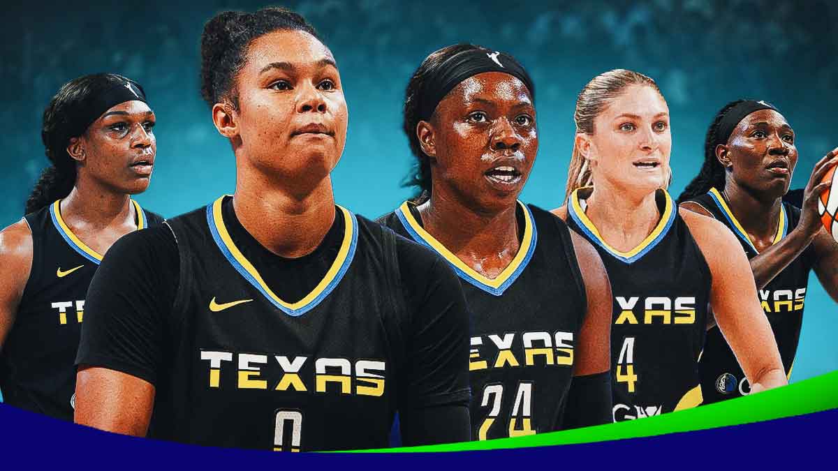 Wings Satou Sabally and Wings Arike Ogunbowale both in front looking serious. In background, need Wings Teaira McCowan, Wings Natasha Howard and Wings Jacy Sheldon all playing basketball.