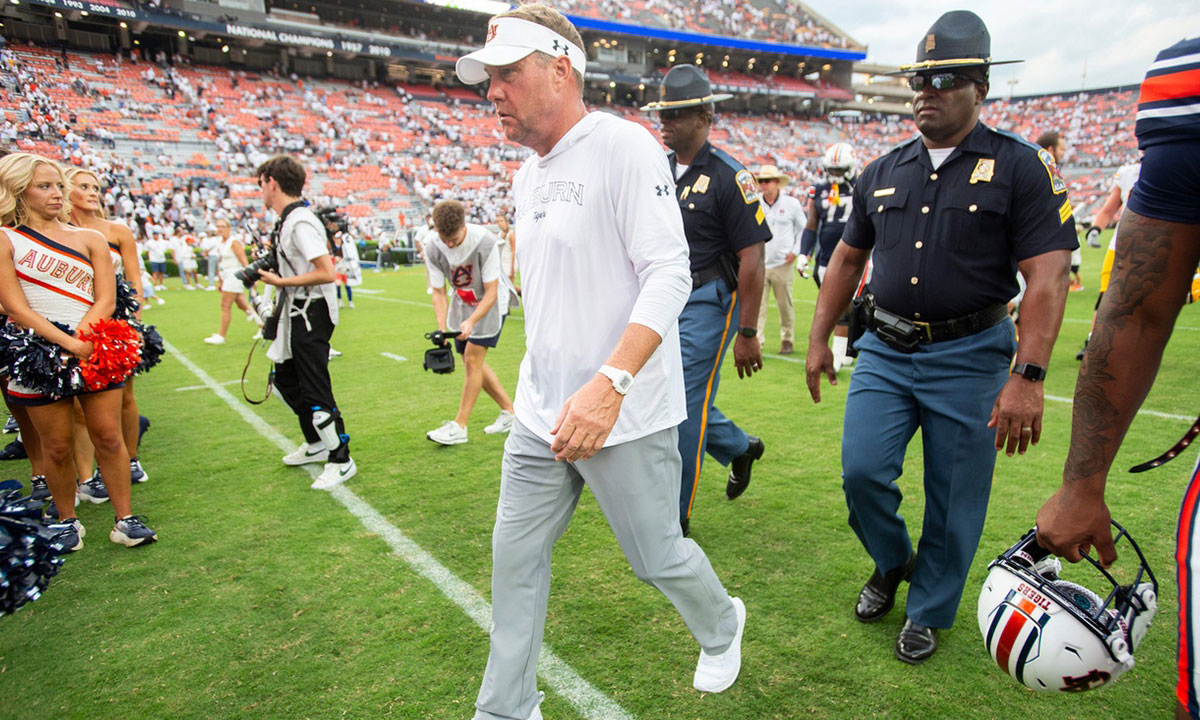 Auburn Tigers head coach Hugh Freeze walks off the field after the game as Auburn Tigers take on California Golden Bears at Jordan-Hare Stadium in Auburn, Ala., on Saturday, Sept. 7, 2024. California Golden Bears defeated Auburn Tigers 21-14.