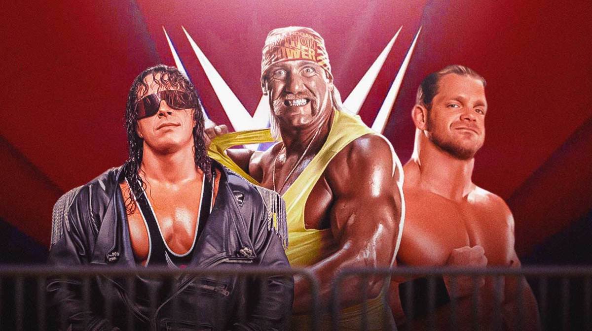 Hulk Hogan in the middle with Bret Hart on his left and Chris Benoit on his right with the WWE logo as the background.