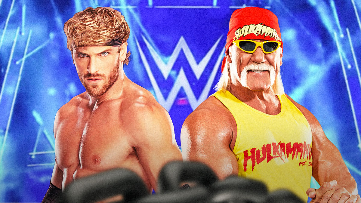 Hulk Hogan next to Logan Paul with the WWE logo as the background.
