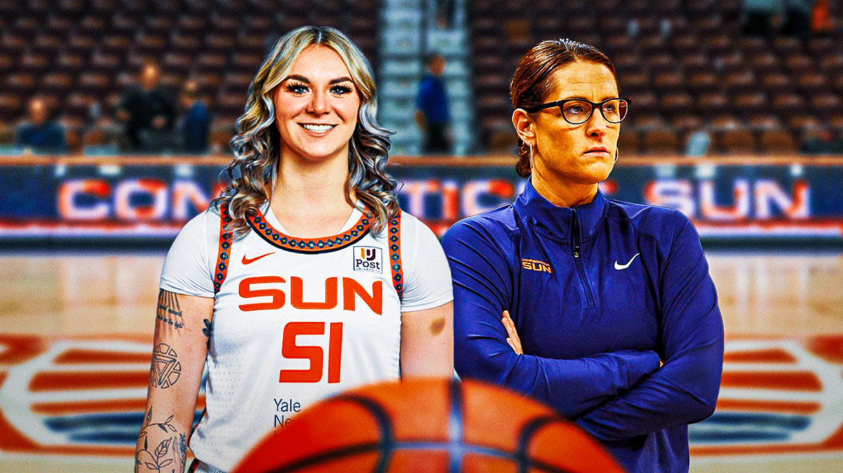 Connecticut Sun player Caitlin Bickle in her Sun jersey alongside Sun head coach Stephanie White. Have the Connecticut Sun arena in the background, contract roster