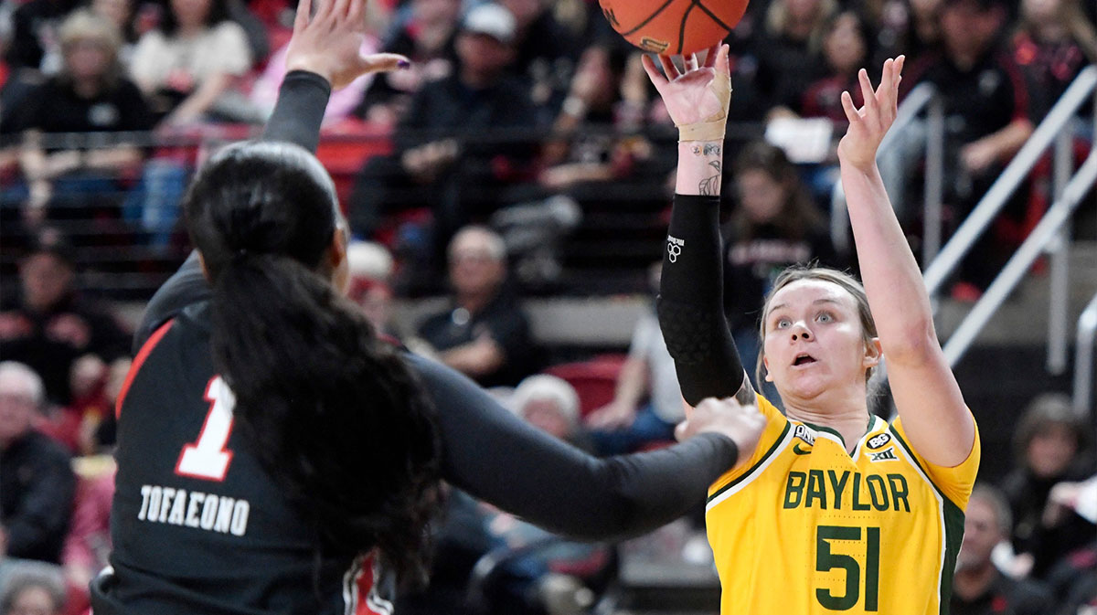 Baylor's forward Caitlin Bickle (51), left, shoots the ball against Texas Tech in a Big 12 basketball game, Saturday, Jan. 28, 2023, at United Supermarkets Arena.
