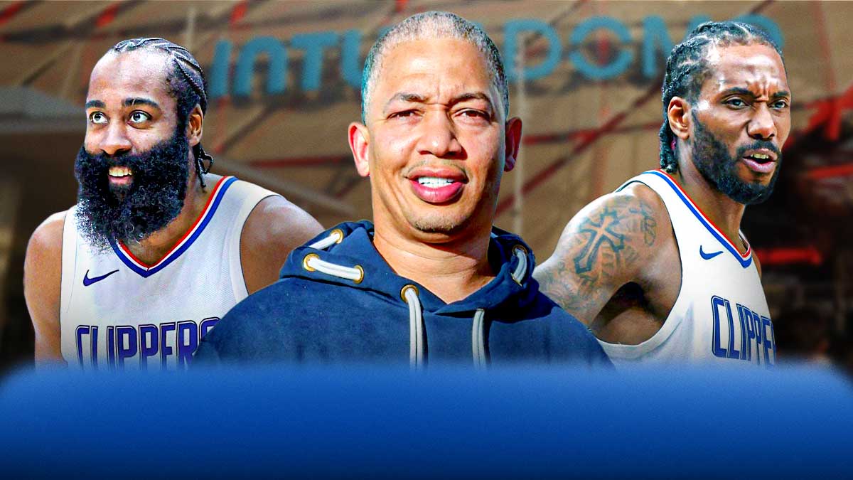 LA Clippers players Kawhi Leonard and James Harden alongside a current/recent image of Clippers coach Tyronn Lue. Have the outside of the Intuit Dome in the background, bold predictions season