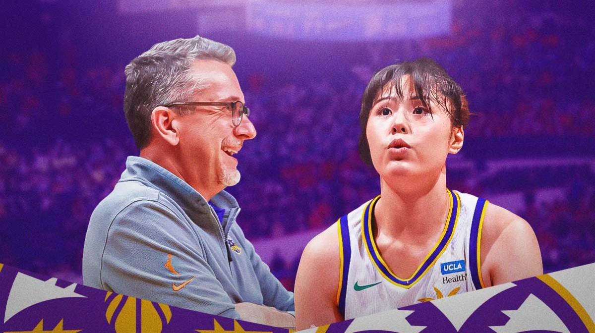 A current/recent image of LA Sparks head coach Curt Miller alongside LA Sparks player Li Yueru with the LA Sparks arena in the background, season