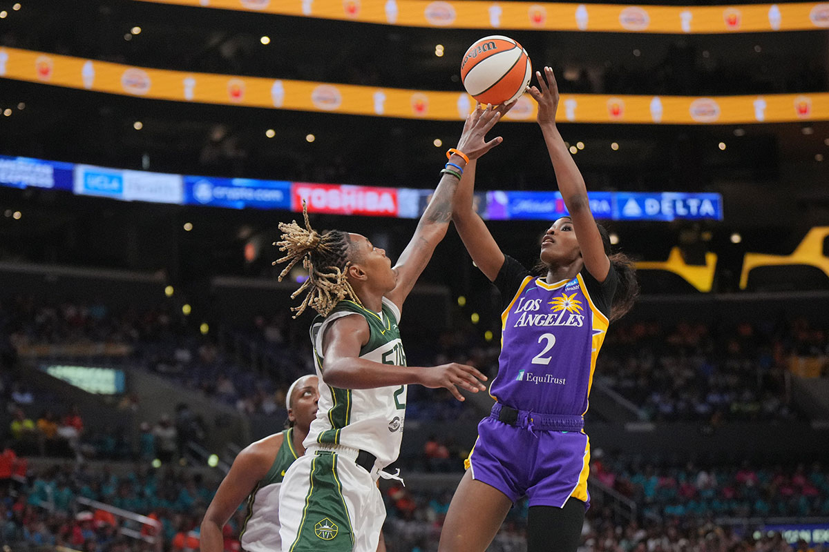 LA Sparks forward Rickea Jackson (2) shoots the ball against Seattle Storm guard Jordan Horston (23) in the first half at Crypto.com Arena.