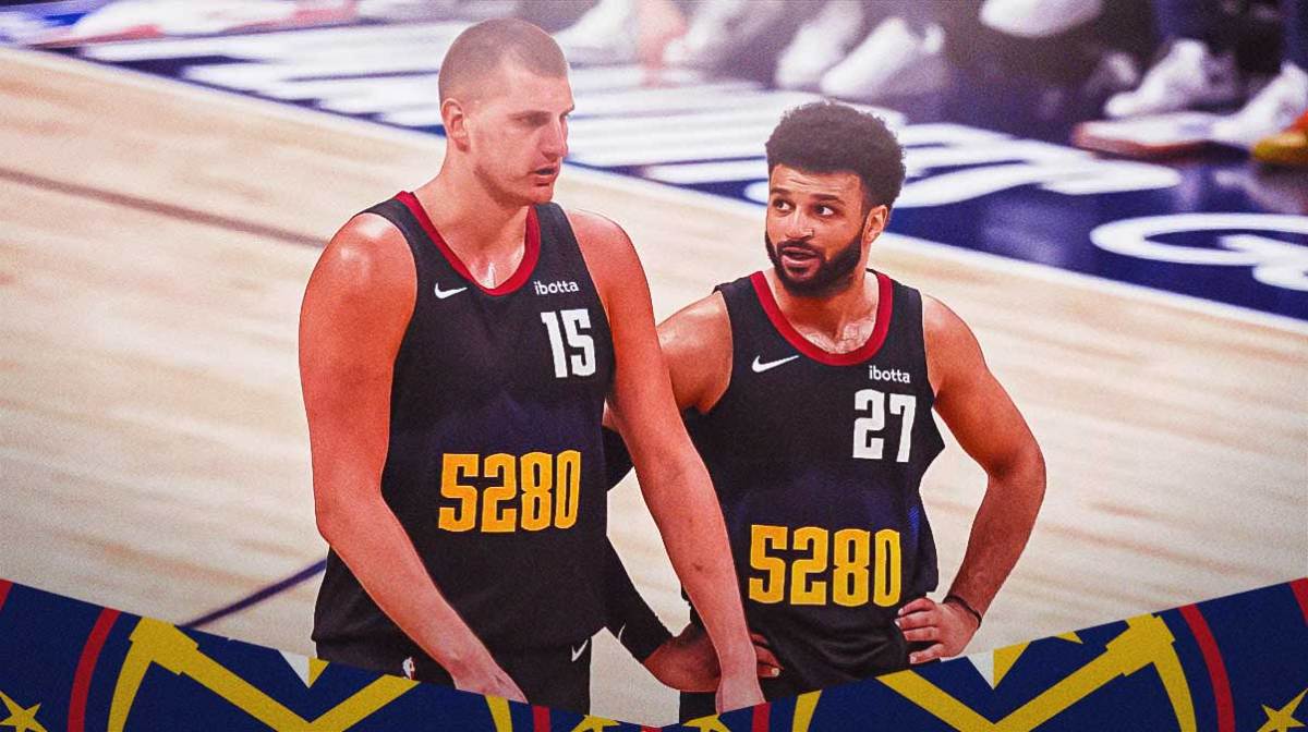 Denver Nuggets players Nikola Jokic and Jamal Murray with the Nuggets arena in the background, season predictions